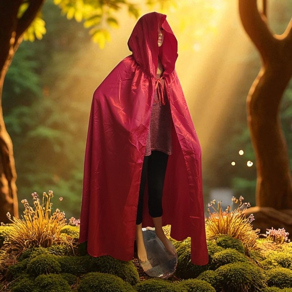 LONG RED HOODED SATIN COSPLAY CAPE ADULT LARGE T13